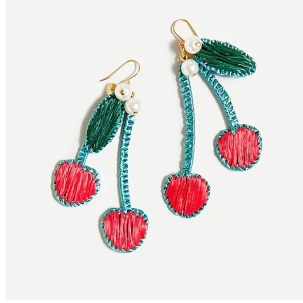 J. Crew Raffia Cherry Earrings Red Green dangle statement earrings gold plated
